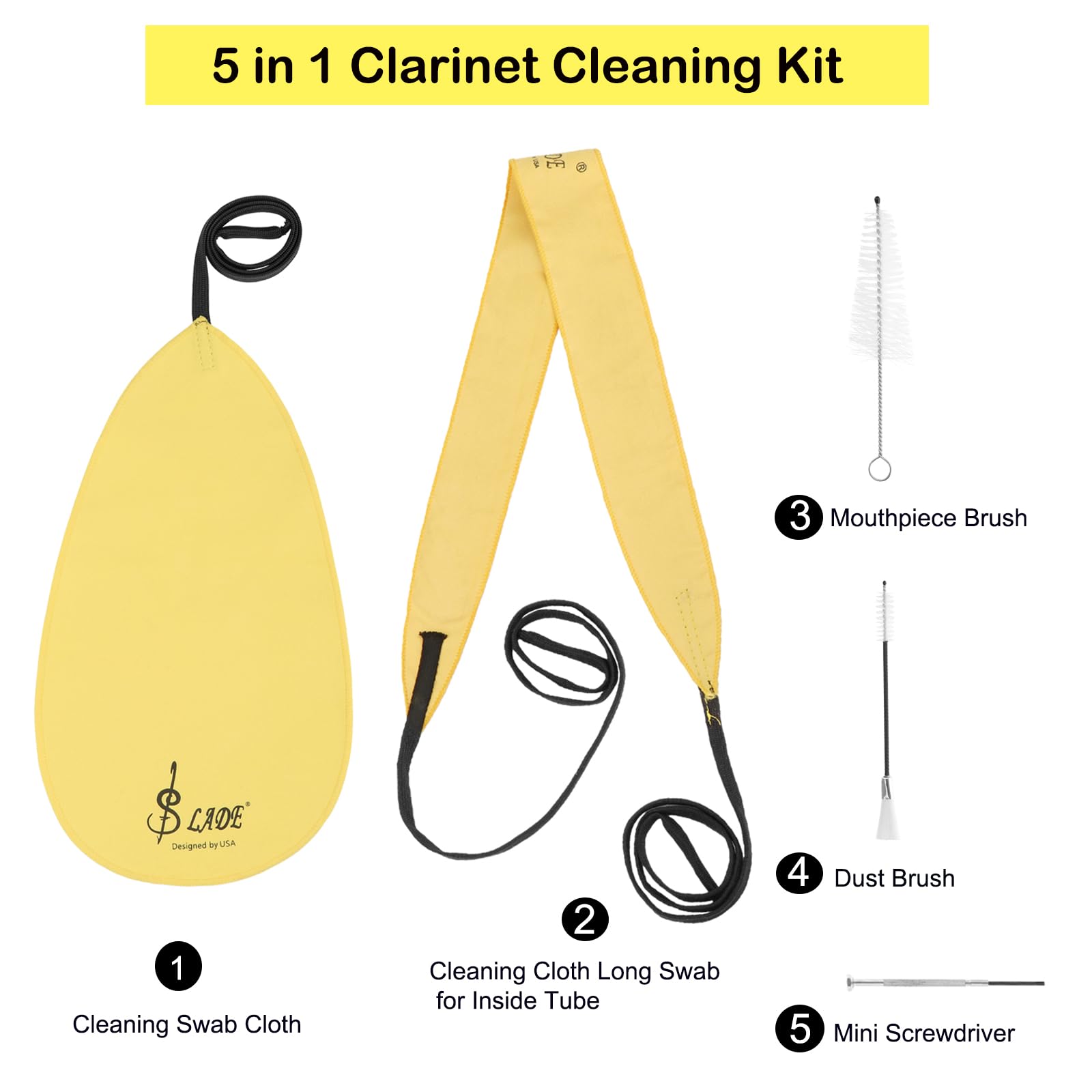 5 in 1 Clarinet Cleaning Kit Cloth All In One, Including Cleaning Long Swab Cloth, Mouthpiece Brush, Dust Brush, Mini Screwdriver Maintenance Kit For Wind & Woodwind Instrument