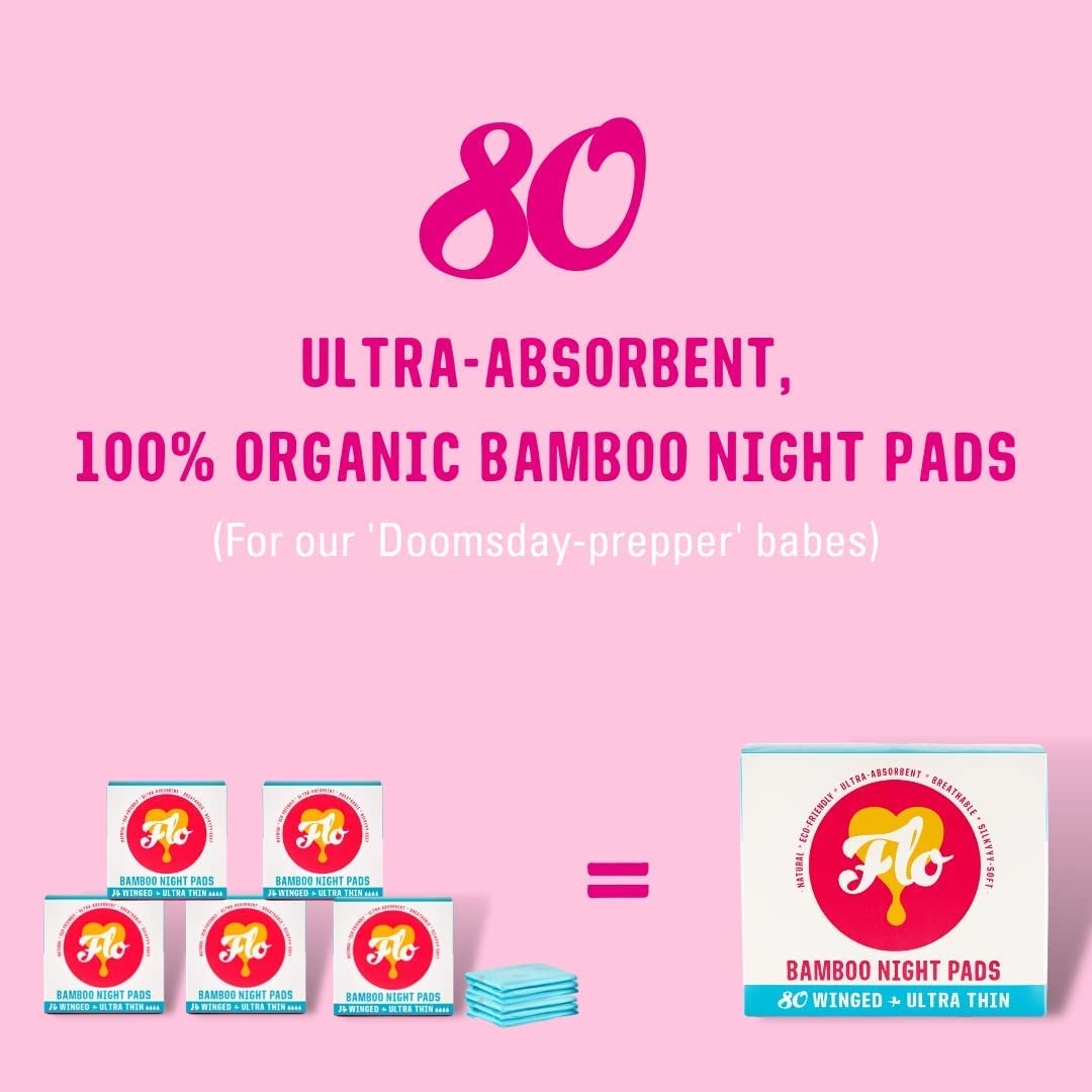 FLO Organic Bamboo Sanitary Pads with Wings, Silky Soft, Ultra-Absorbent - Biodegradable and Ultra-Thin Sanitary Towels - Mega Pack Night Pads - 80 Count