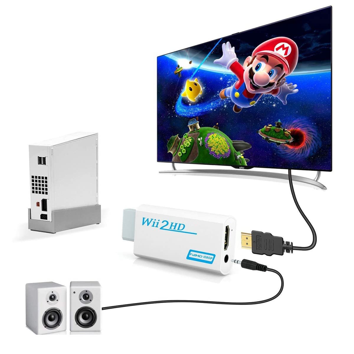 JILM Wii to HDMI Adapter, Wii to HDMI Converter, Wii to HDMI 1080P 720P 60hz Connector Output Video & 3.5mm Audio - Support Games TV Projector All Wii Display Modes - White