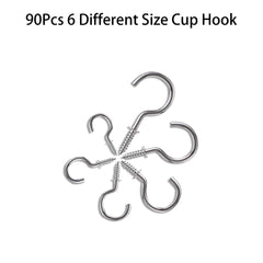 90 Pcs Screw in Hooks, Cup Hooks 6 Sizes Hooks for Hanging Mug Cup Ceiling Hooks Hooks Kit for Kitchen Garden