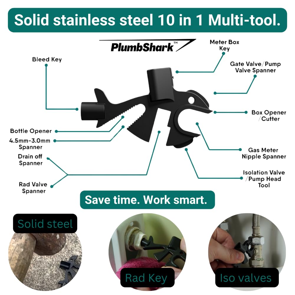 PLUMBSHARK 10 in 1 Plumbing & Heating Keyring Multitool - #10 Essential Plumbers Tools Including Radiator Key, Gas Box Key, Small Spanner for Drain Off Valve, Pump Valves, Radiator Valves and More