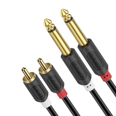 J&D Dual 1/4 inch TS to Dual RCA Stereo Audio Interconnect Cable, Gold Plated Audiowave Series 2 x 6.35 mm Male TS to 2 RCA Male PVC Shelled Adapter Cable, 3 Feet