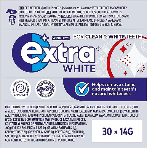 Extra White Sugar-free Chewing Gum Classic Mint Flavour Bright Smile With Xylitol Helps with Oral Hygiene for Healthy Teeth & Gums 30x 10-Packs