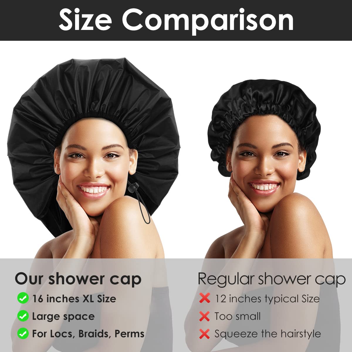 Auban Extra Large Shower Cap, Double-Layer Waterproof Reusable, XL Satin Lining Shower Bonnet for Women Thick, Long Hair, Locs, Braids(Adjustable)