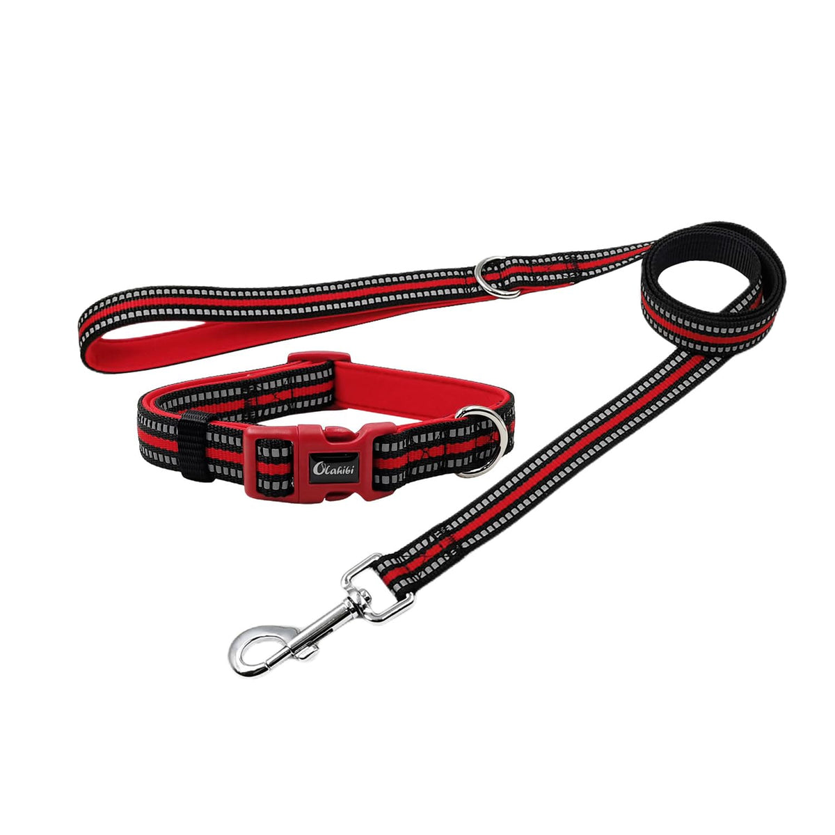 Olahibi Dog Collar and Leash Combo Set, Neoprene Padded, Lined with Reflective Stripes, Leash 120CM, for Large Dogs.(Large, Red)