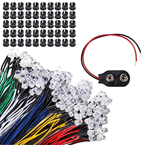 GTIWUNG 50Pcs LED Diodes Light Ultra Bright 12V 20cm Pre Wired and 50Pcs 5mm Plastic LED Holder LED Light Mounting Holders and 9V Battery Holder Clip Cable, for Toy Lighting to add a Festive Atmosphere