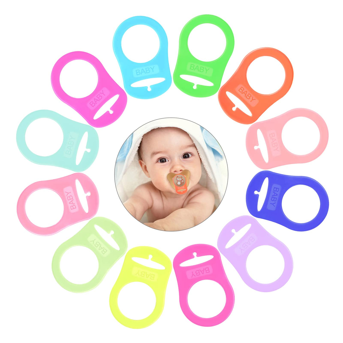 Vicloon Baby Dummy Pacifier Holder Clip Adapter, 12pcs Silicone Dummy Clips Adapter, Baby Pacifier Ring Holder Clip Adapter for Baby Boys Girls-Multicolor