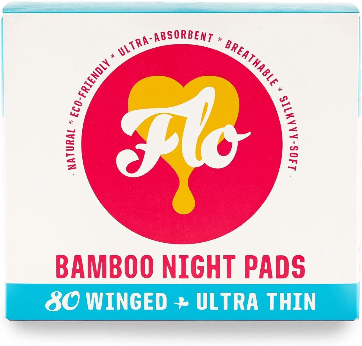 FLO Organic Bamboo Sanitary Pads with Wings, Silky Soft, Ultra-Absorbent - Biodegradable and Ultra-Thin Sanitary Towels - Mega Pack Night Pads - 80 Count