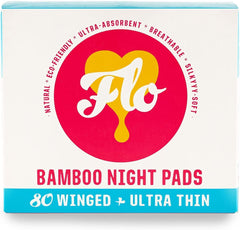 FLO Organic Bamboo Sanitary Pads with Wings, Silky Soft, Ultra-Absorbent - Biodegradable and Ultra-Thin Sanitary Towels - Mega Pack Night Pads - 80 Count