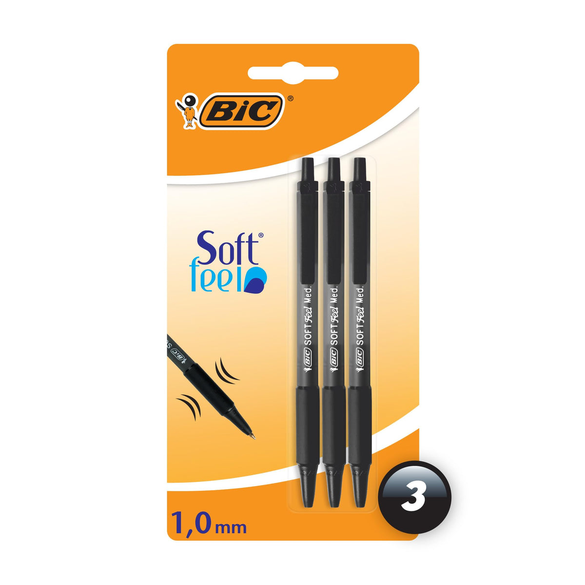 BIC Soft Feel Ballpoint Pens - Black - Pack of 3 Pens - Medium Point (1.0 mm) with Rubber Grip for Comfort, 3 Count (Pack of 1)