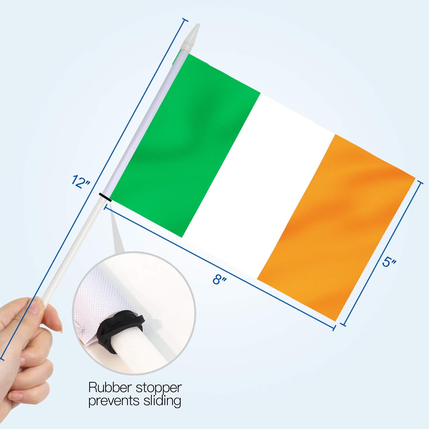 Ireland Stick Flag, ANLEY Irish National 5x8 inch HandHeld Mini Flag With 12 inches White Solid Pole - Vivid Color and Fade Resistant - Hibernian 5 x 8 inch Hand Held Stick Flags With Spear Top (1 Dozen)