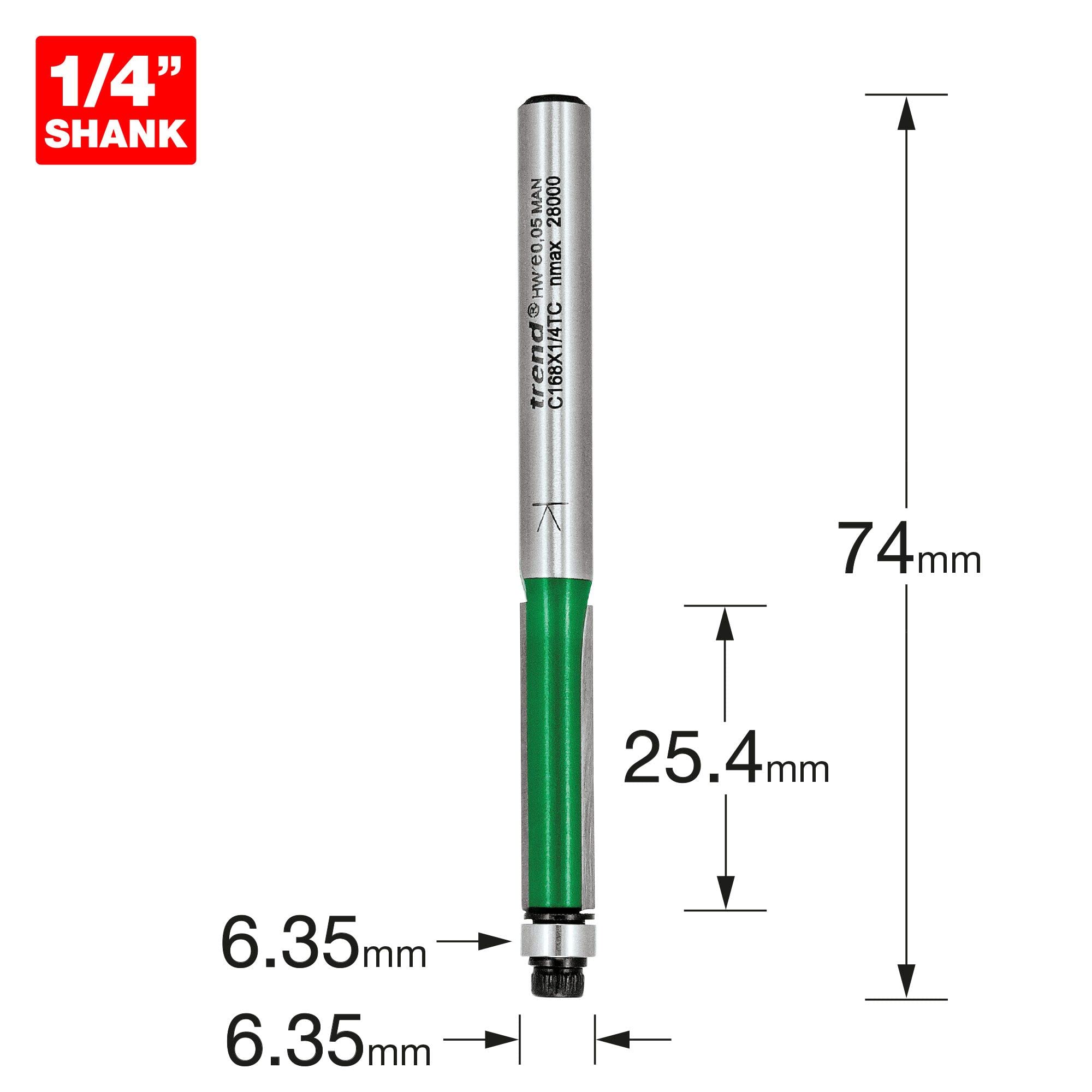 Trend CraftPro Guided Trimmer Router Cutter Bit, 1/4 Inch Shank, 6.35mm Cut Diameter & 25.4mm Cut Length, Tungsten Carbide Tipped, C168X1/4TC