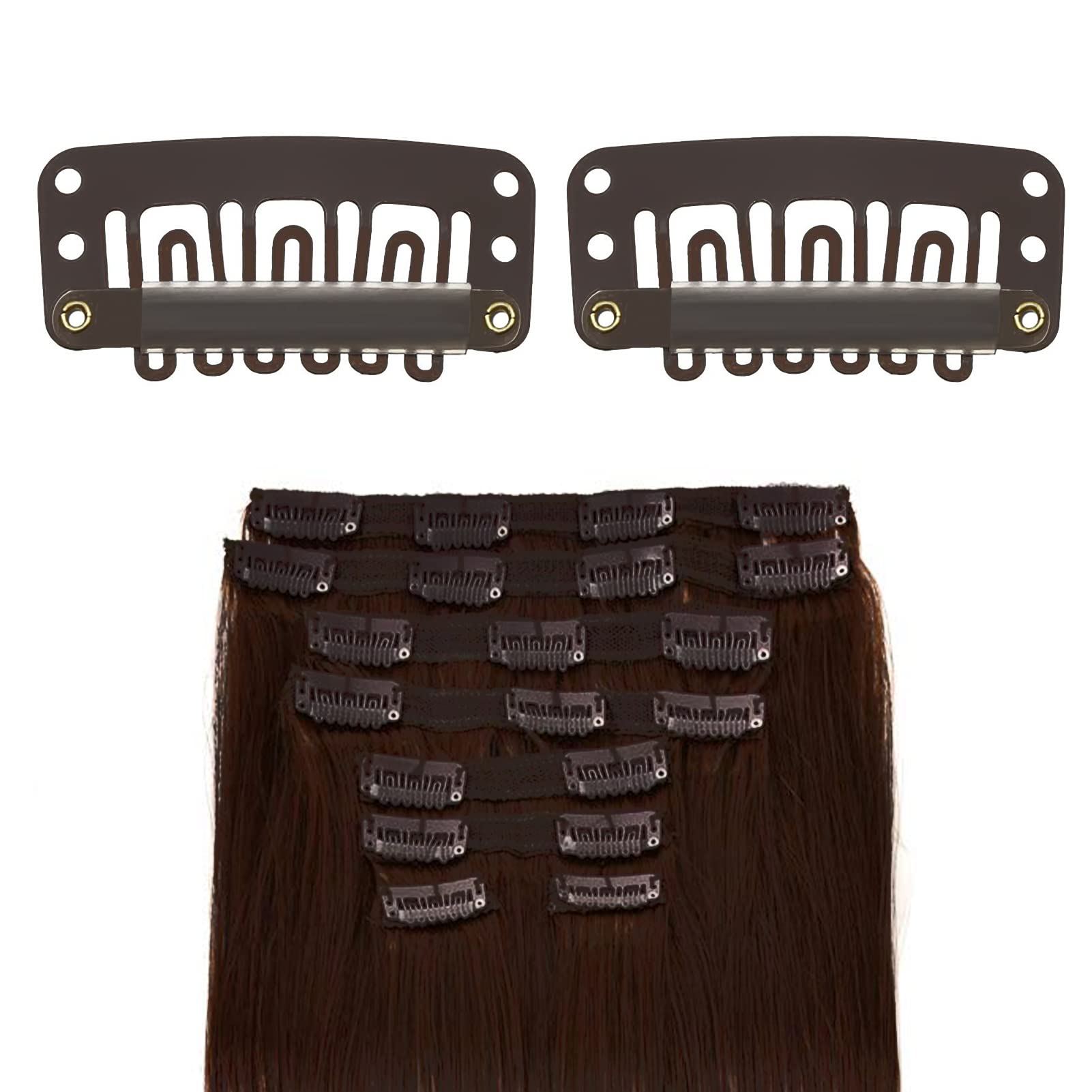 Pack of 20 Hair Extension Clips, Metal Snap Clips for Hair Extensions and Wefts, Wig Clips Snap Clips U-shape with Soft Rubber, Hair Wig Clip for Hair Extensions DIY (DARK BROWN)