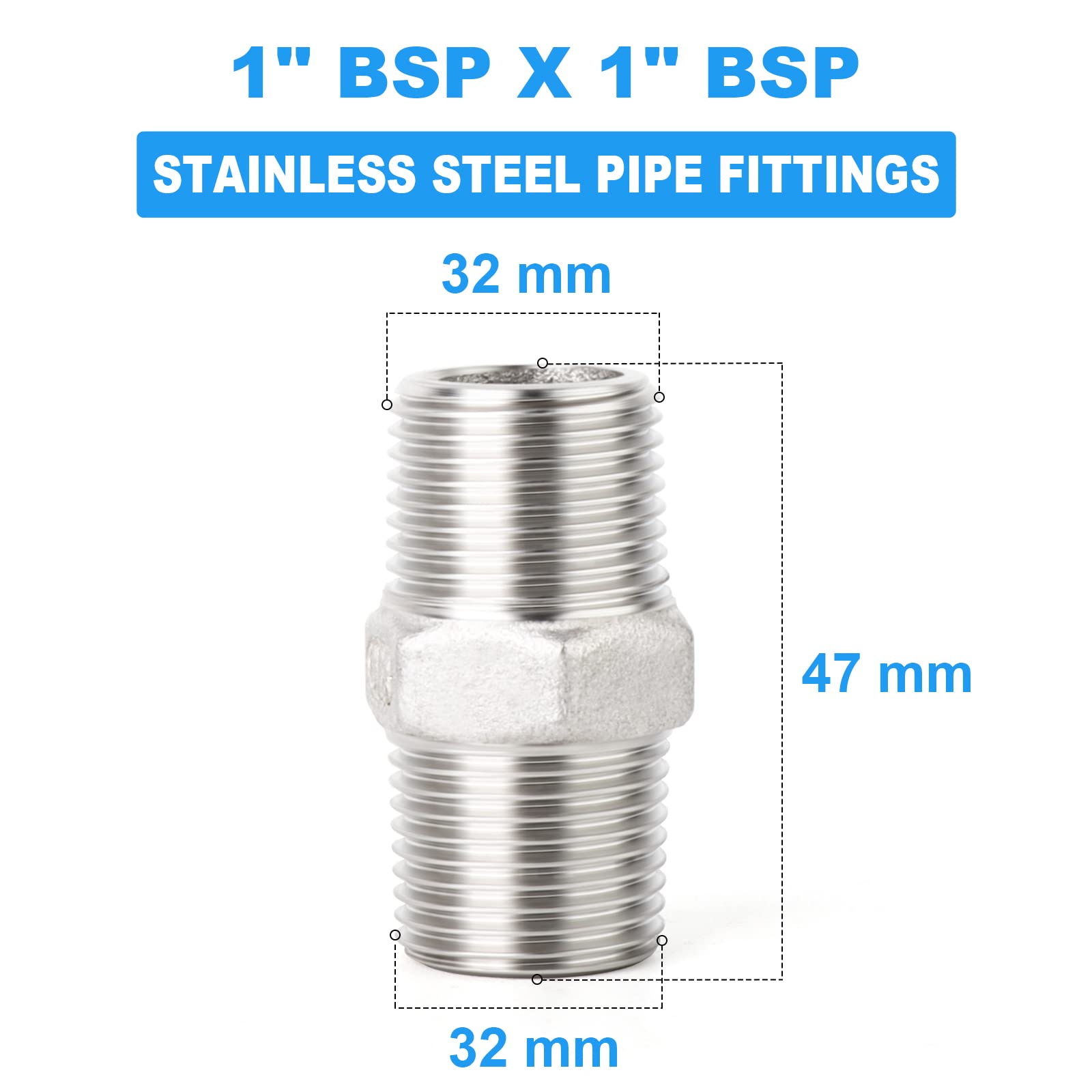 ERGAOBOY 5 Pcs 1/4 inches Male to 1/4 inches Male BSP Thread 304 Stainless Steel Hex Nipple Pipe Fittings