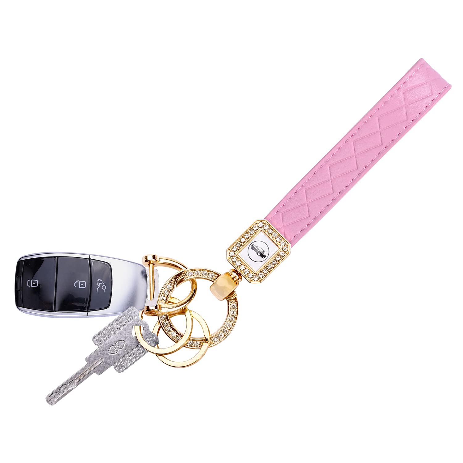 wisdompro Bling Leather Car Keychain, Universal Microfiber Leather Key FOB Keychain, Key Chain Holder with Sparkly Rhinestones and Anti-lost D-Ring for Men, Women - Pink