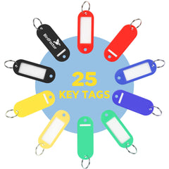 BirdFactor 25 Pcs Key Tags with Labels & Storage Box, 5 Colors Key Fobs with Split Rings, 25 Extra Card Labels for Key Rings - Keyrings for Luggage, Cars, Pets, Office Keyring, Memory Stick