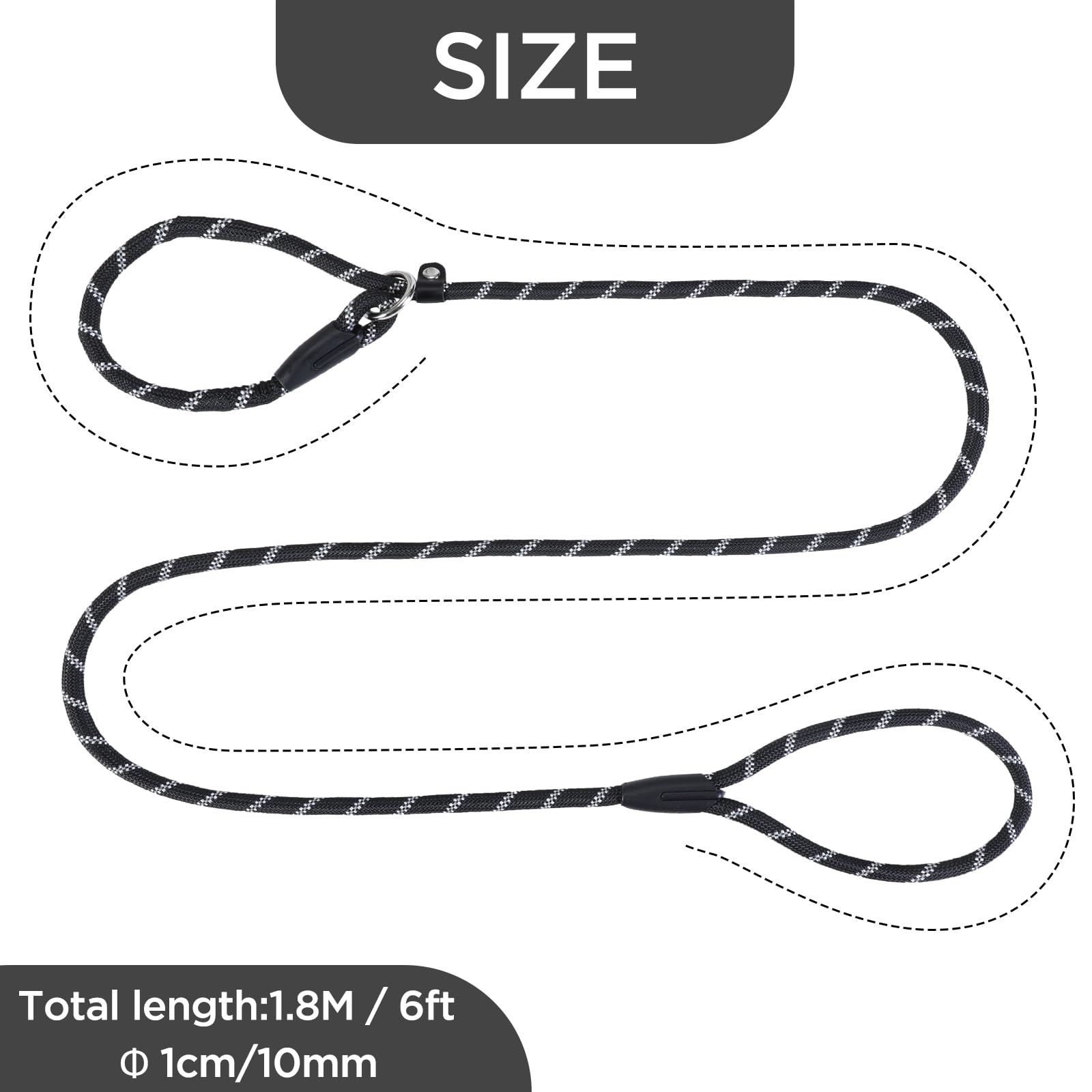 Loutep Slip Lead for Dogs- 1.8m Black Rope Dog Lead With Reflective Stitching Slip on Easily With No Collar or Harness Needed Ideal for Large & Medium Dogs