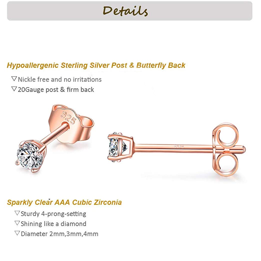 Gulicx 3 Pairs Silver Rose Gold Stud Earrings Set for Women Girls, Hypoallergenic 925 Stering Silver Round Cubic Zirconia Simulated Diamond Stud Earrings, Small Sleeper Cartilage Studs,Size:2,3,4mm