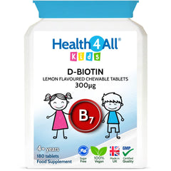 Health4All Kids D-Biotin 180 Tablets Hair Growth and Strong Nails Supplement for Children. Natural Vegan Biotin Chewable Tablets