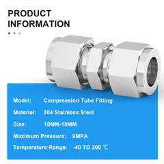 ERGAOBOY 2 Pcs 10mm OD x 10mm OD 304 Stainless Steel Compression Tube Union Connector, Heay Duty SUS 304 Compression Fitting