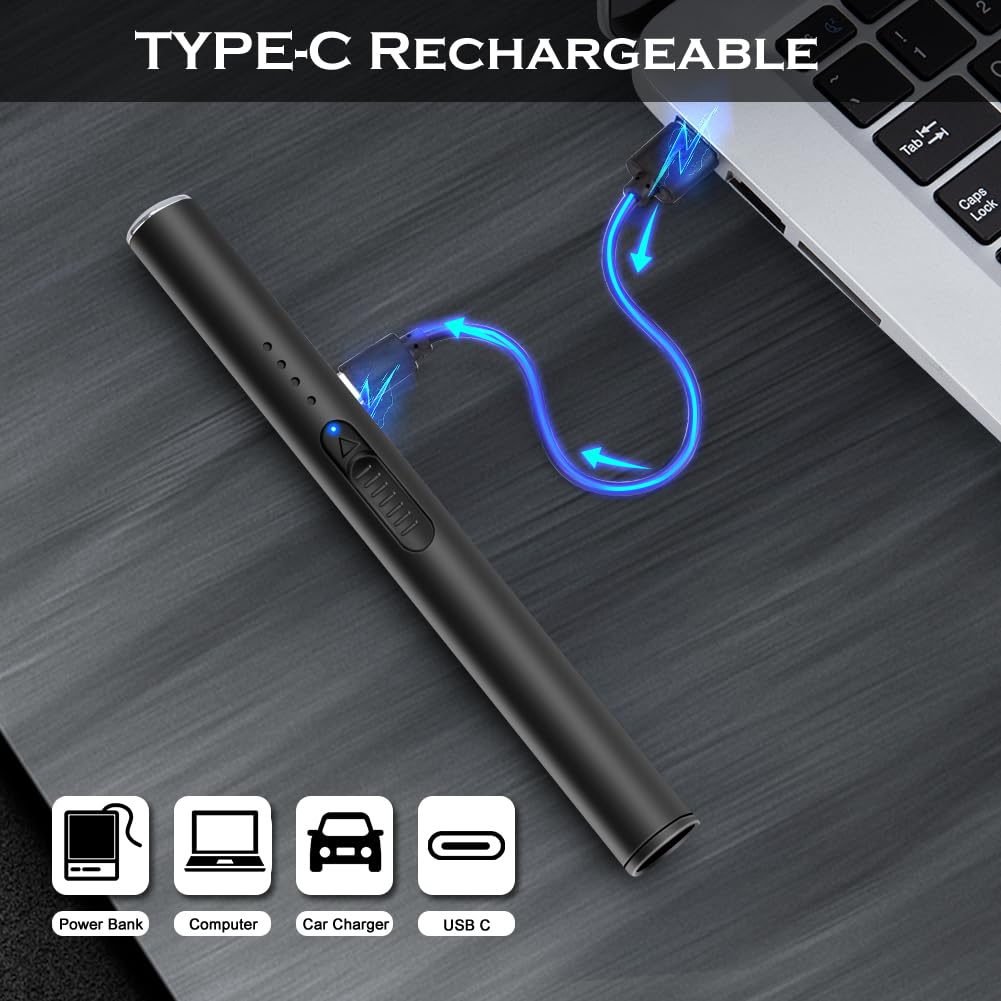 Candle Lighter,Electric Lighter USB C Rechargeable,Long Lighter Flameless Plasma Arc Lighter,Windproof Electronic Lighter for BBQ,Grill,Fireworks,Candles-(Black)