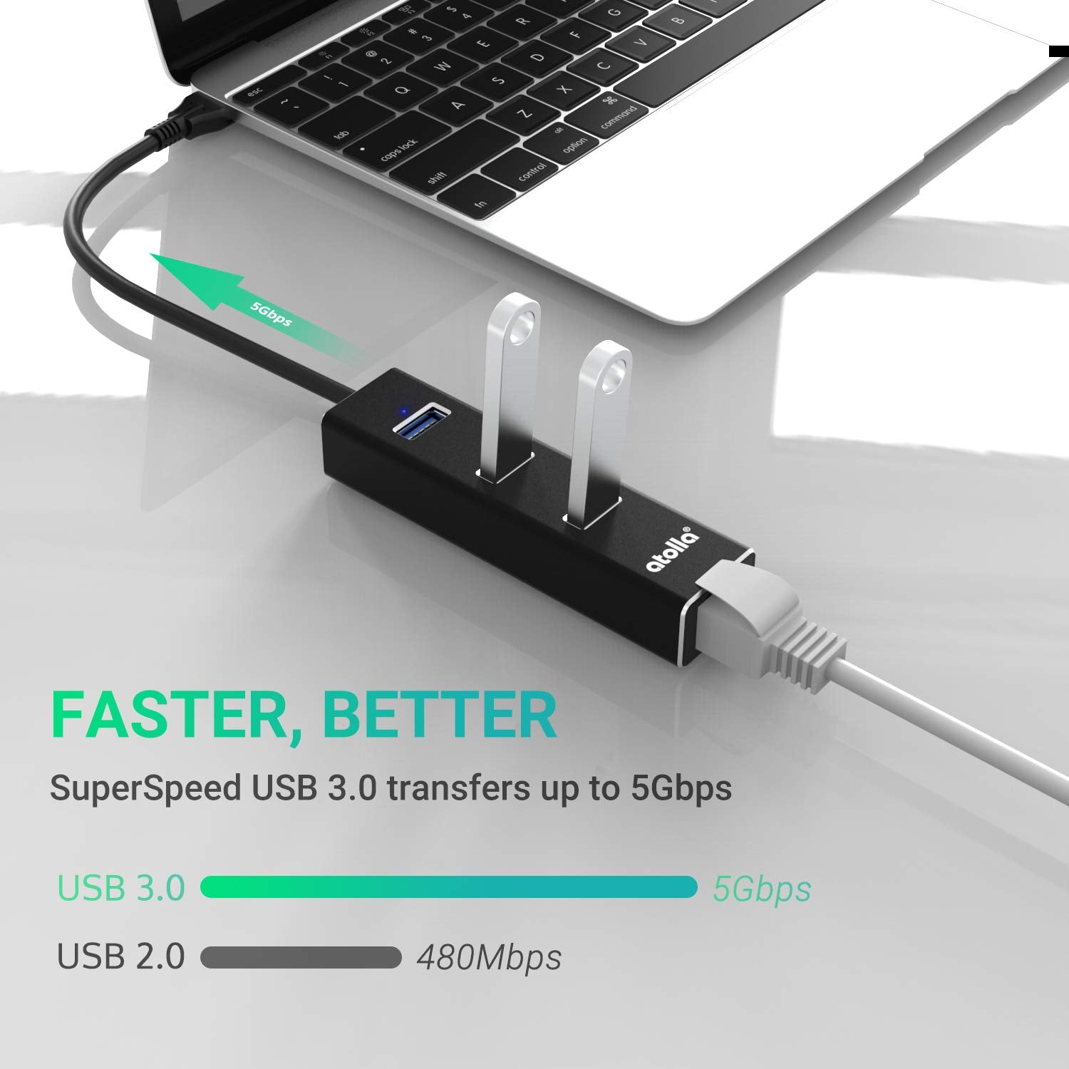 atolla USB LAN Adapter, Aluminium USB Hub with 3 USB 3.0 Ports and RJ45 Gigabit Ethernet Network Adapter, USB Ethernet Adapter with USB C Adapter for Windows 10, 8.1, 8, 7, Vista, XP, Linux, Mac OS X