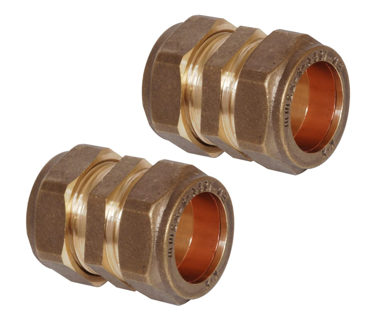 Pipestation® 15mm Brass Compression Straight Pipe Connectors for Copper Pipe - Pack of 2