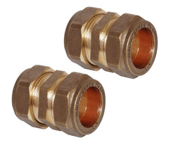 Pipestation® 15mm Brass Compression Straight Pipe Connectors for Copper Pipe - Pack of 2