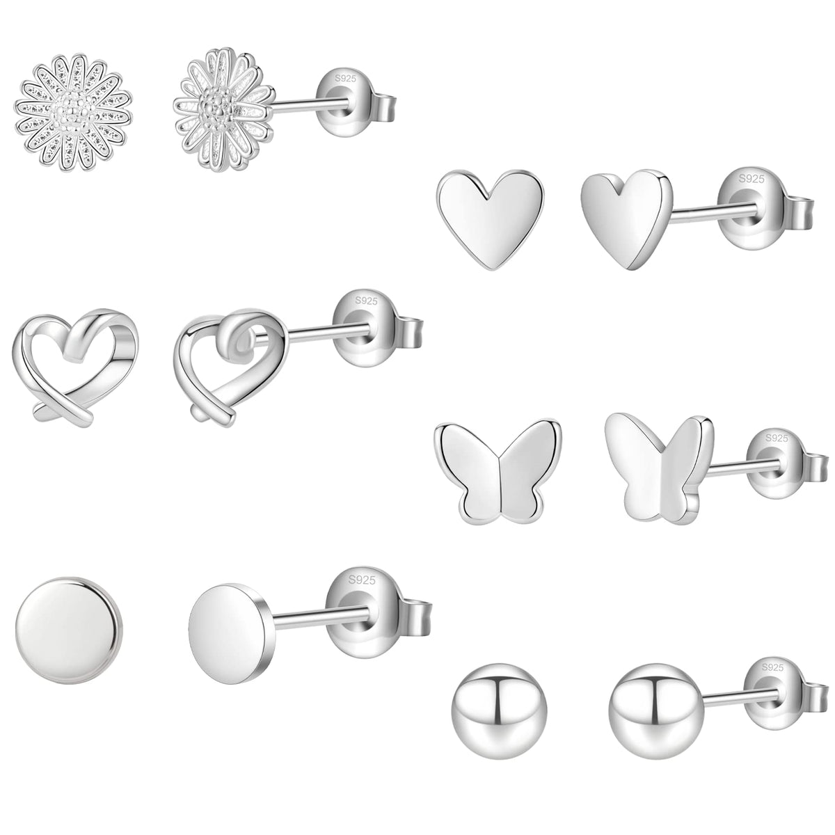 6Pairs Silver Studs Earrings for Women Sterling Silver Stud Earrings 6Pairs Silver Studs Earrings for Women Star Moon Ball Heart Studs Earrings Sets for Teens Girls Gifts with Boxs