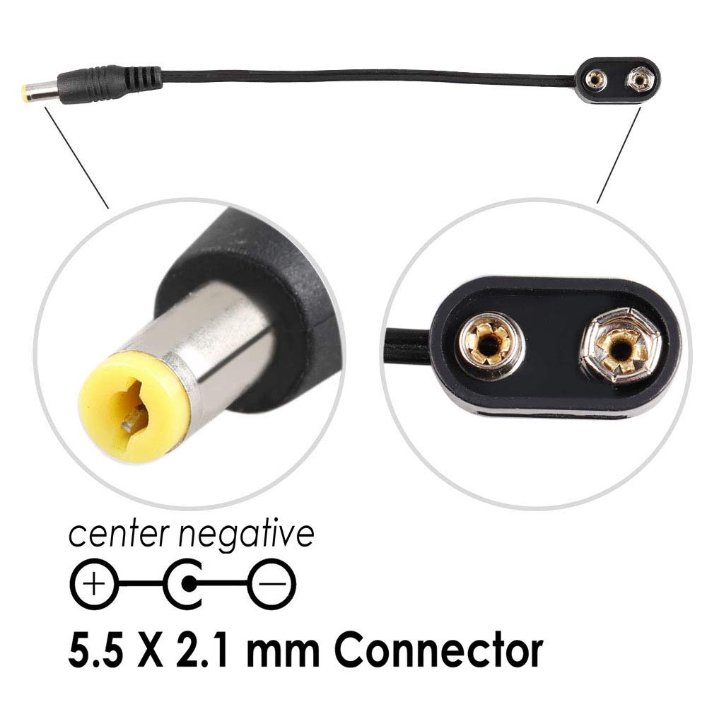 Mr.Power 9V Battery Clip Converter Power Cable Snap Connector 2.1mm 5.5mm Plug for Guitar Effect Pedal (2 cable)