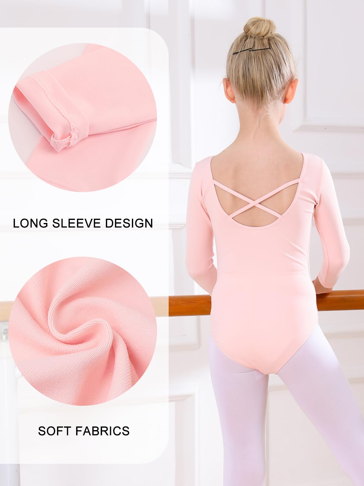 Bezioner Ballet Leotard for Girls,Gymnastics Leotards Long Sleeve Dance Outfit for Kids Pink 140