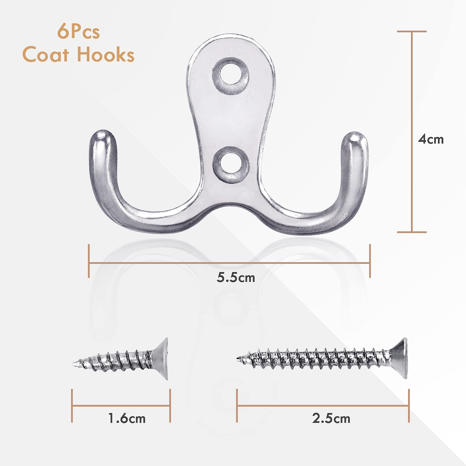 Gorffy Door Hooks 6 Pcs, Double Coat Hooks with 24 Screws, Retro Silver Coat Hooks for Door & Wall, Heavy Duty Metal Door Hooks Screw in for Hanging Robe, Towel, Coat, Bag & Hat (Silver, 6 Pcs)