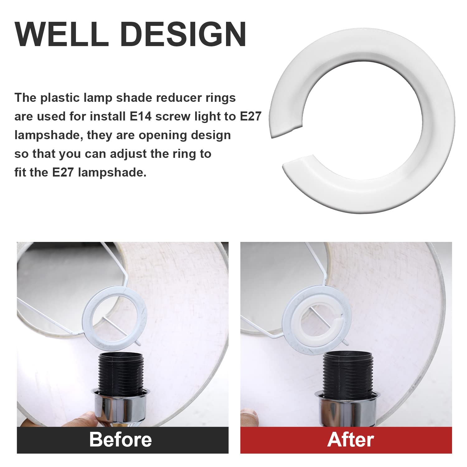 E27 to E14 Lamp Shade Ring Converter, 2 Pack Lampshade Reducer Ring Washer E27 Lamp Ring, Plastic Replacement 42mm to 29mm Screw Lamp Shade Adapter Rings Light Shade Fittings