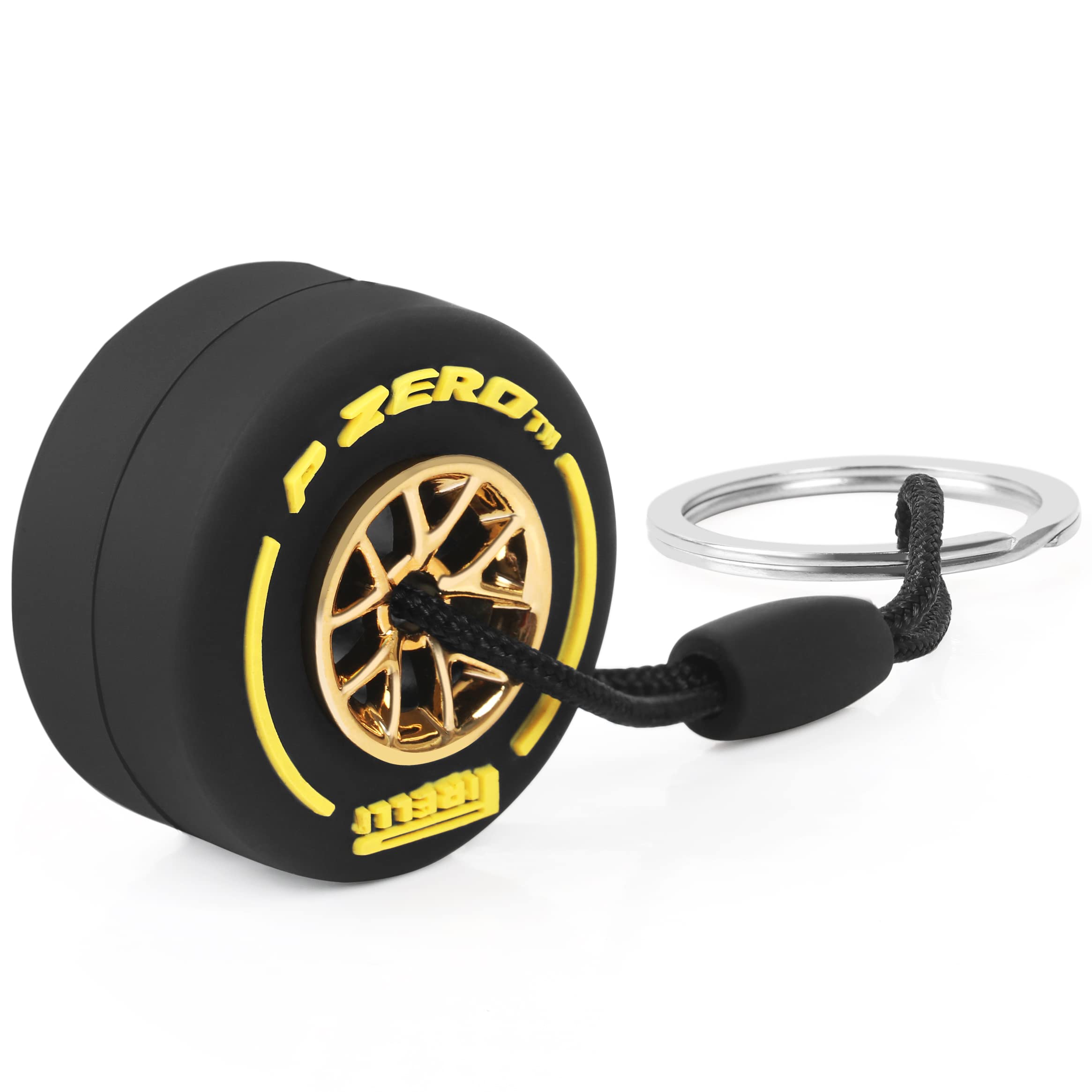 TRIXES Yellow Racing Car Wheel with Metal Hub Keyring – Small Keychain - Formula 1 Fan Merchandise - Gifts for Men – Rubber Tyre, Chain & Stainless-Steel Ring to Attach to your Keys Bag or Display