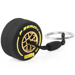 TRIXES Yellow Racing Car Wheel with Metal Hub Keyring – Small Keychain - Formula 1 Fan Merchandise - Gifts for Men – Rubber Tyre, Chain & Stainless-Steel Ring to Attach to your Keys Bag or Display