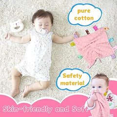 Deepton 2 Pcs Taggies for Babies, 25 x 25 CM Taggy Blanket, Cotton Baby Security Blanket, Tag Security Blankets with Colorful Sensory Label, Soothing Plush Baby Comforter Blanket - Pink