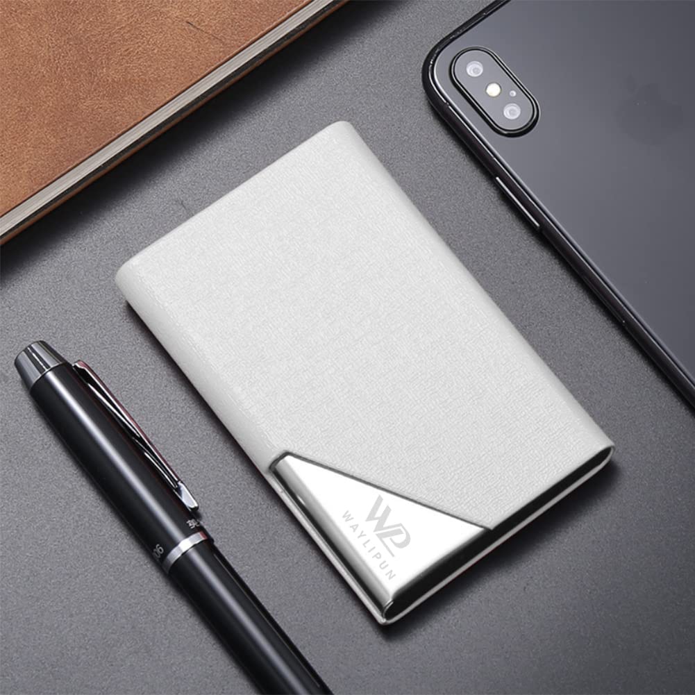 Waylipun Business Card Holder, Professional PU Leather & Stainless Steel Business Name Card Case, Keep Business Cards in Immaculate Condition, Slim Metal Pocket Card Holder with Magnetic Shut(White)