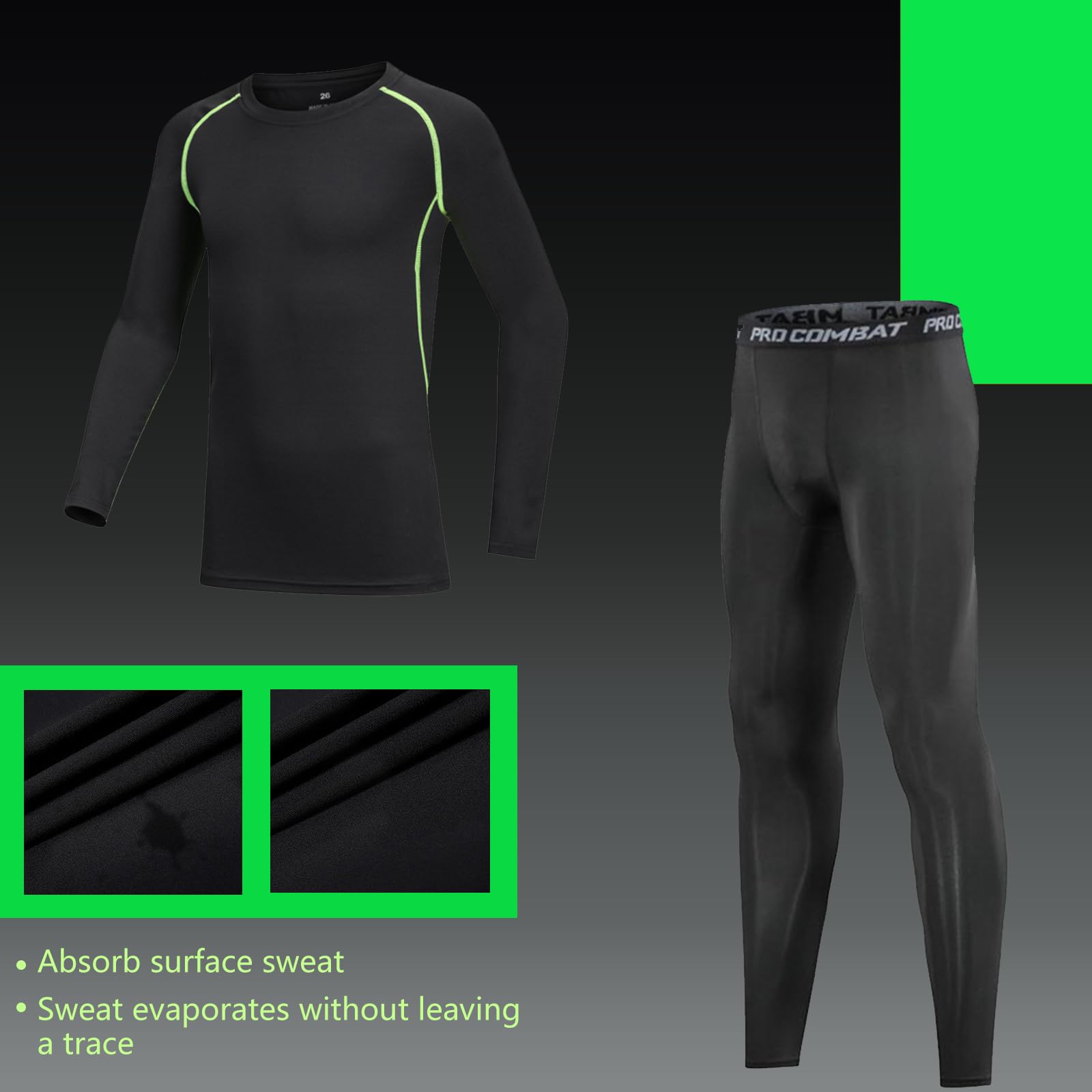 Stolpyzh Kids' Boys Base Layer Set Long Sleeve Thermal Sports Underwear Gym Athletic Sport Compression Sets(Long Black Green, 11-12 Years/size 30)