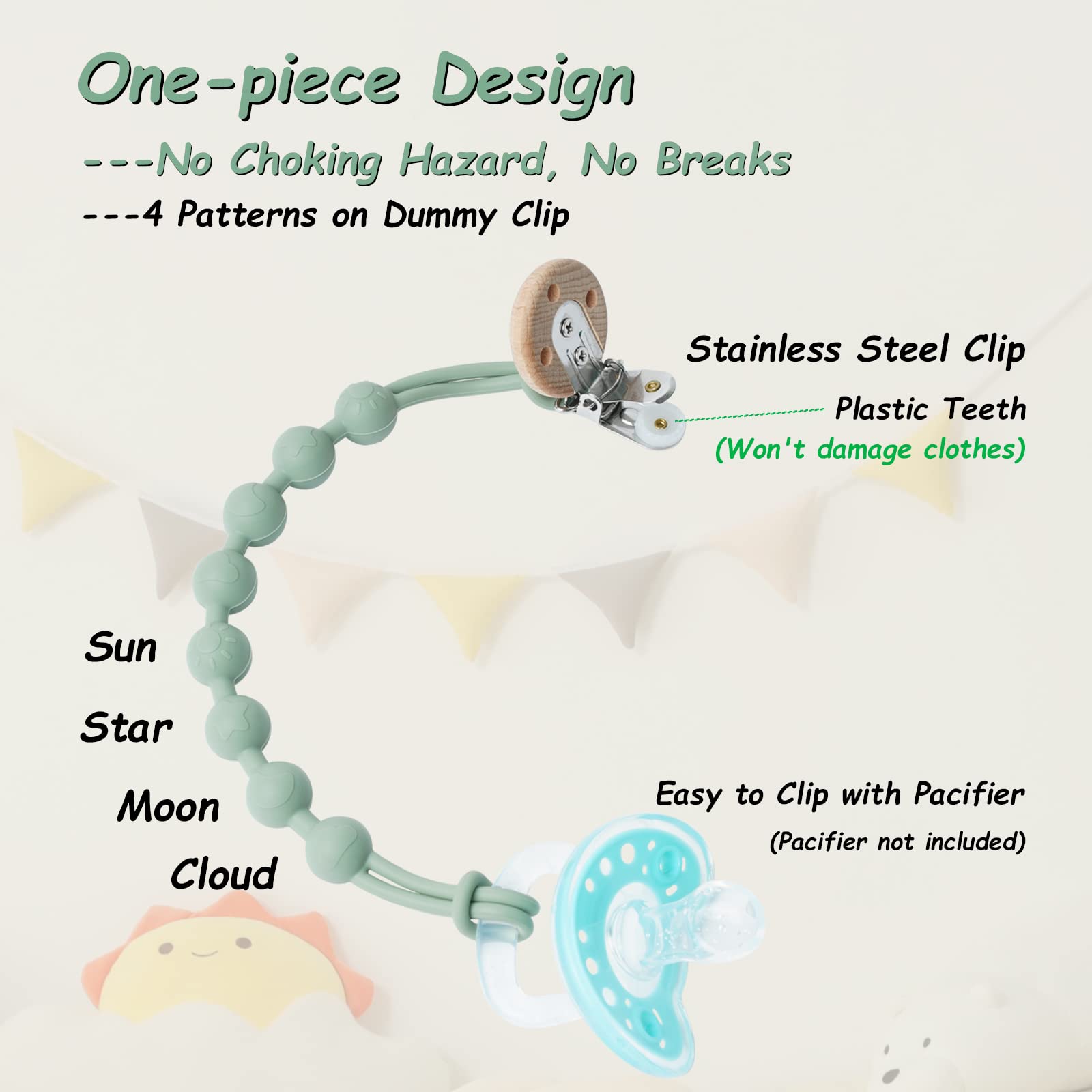 Toddler Silicone Dummy Clip for Baby Boys and Girls, Seposeve 2 Pack Pacifier Clips, Dummy Case, Keeps Pacifier Clean, Soft Flexible Soother Chains Clips, Pacifier Holder, One-Piece Design, 2 Green