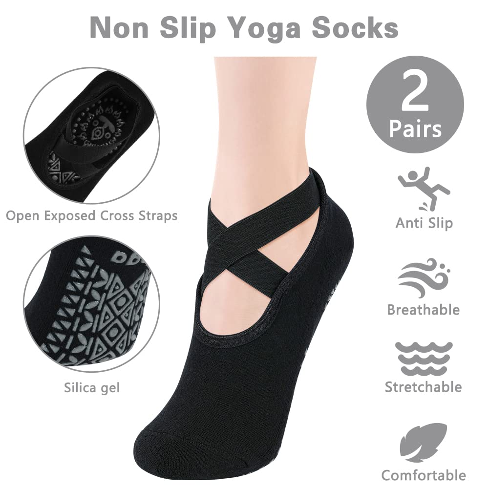 flintronic Yoga Socks, 2 Pairs Non-Slip Pilates Socks with Straps, Cotton Five Toe Grip Socks for Pilates, Ballet, Barre, Barefoot Workout, Dance - Sweat Absorption (BlackandBlack)