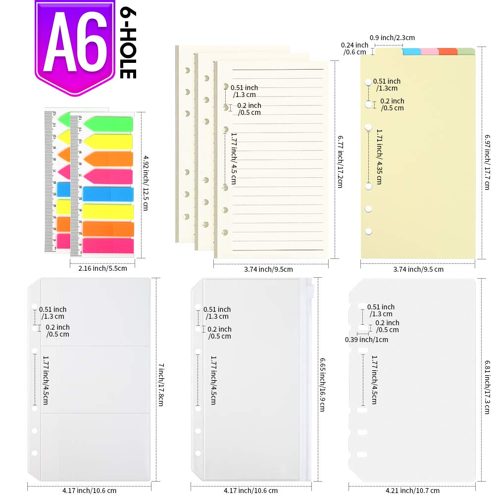 A6 Refill Paper, 3 Pack Ruled Line Paper Personal Organiser, 6PCS Binder Dividers, 160PCS Index Flags, 2PCS Binder Pockets, 6 Hole Loose Leaf Paper for 6 Ring A6 Personal Binder Notebook