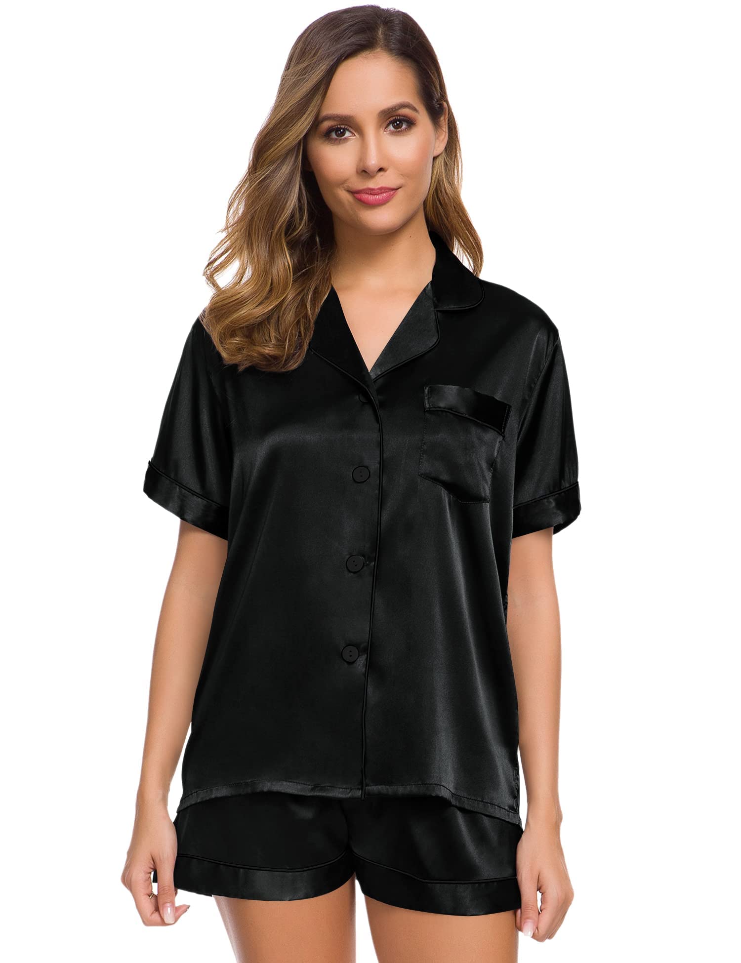 SWOMOG Silk Satin Pyjamas Black Pyjama Set for Women Short Sleeve Button Down Pj Set Comfy Pjs