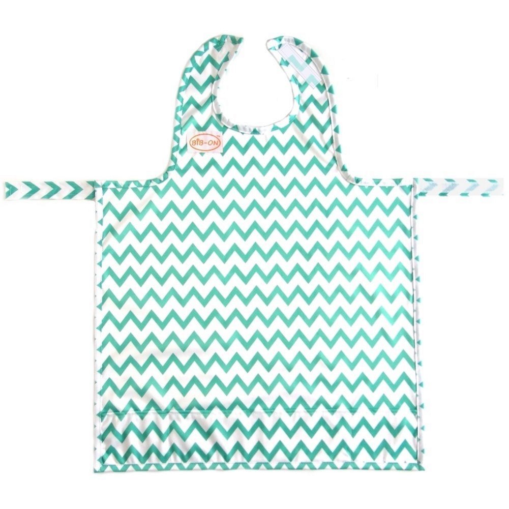 BIB-ON, A New, Full-Coverage Bib and Apron Combination for Infant, Baby, Toddler Ages 0-4. (Teal Chevron)