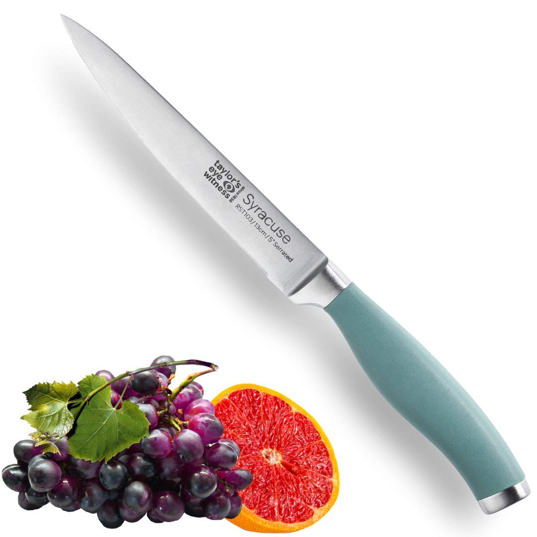 Taylors Eye Witness Syracuse Serrated Utility Kitchen Knife - Professional 13cm/5” Cutting Edge, Multi Use. Ultra Fine Blade, Precision Ground Razor Sharp. Soft Textured Grip. Aqua Blue Handle.