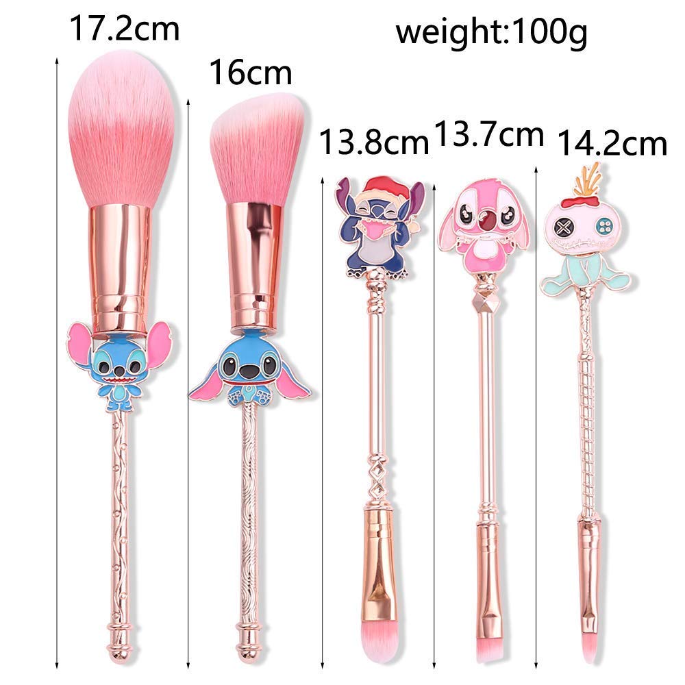 5Pcs Stitch Makeup Brush Set,Stitch Theme Cosmetic Brushes for Powder Eyeshadow Blushes Lips Portable Makeup Brush Set Lovely Stitch Gift for Girl Women