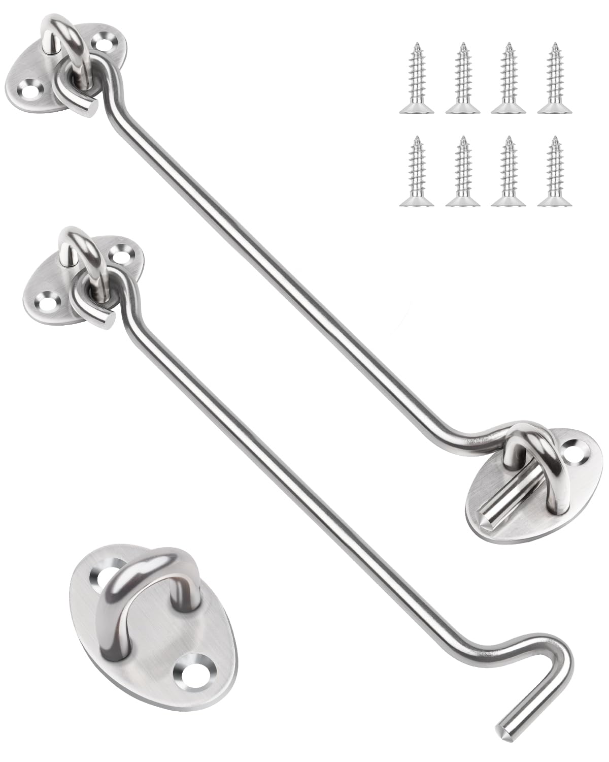 8 Inch Hook and Eye Latch, Leryati 2Pcs 200mm Silver Gate Hook Stainless Steel Cabin Hook, Hook Eye Latch Door Lock Hook Lock, Latch Apply to Wooden Gates, Window Brace Gate Door Catch