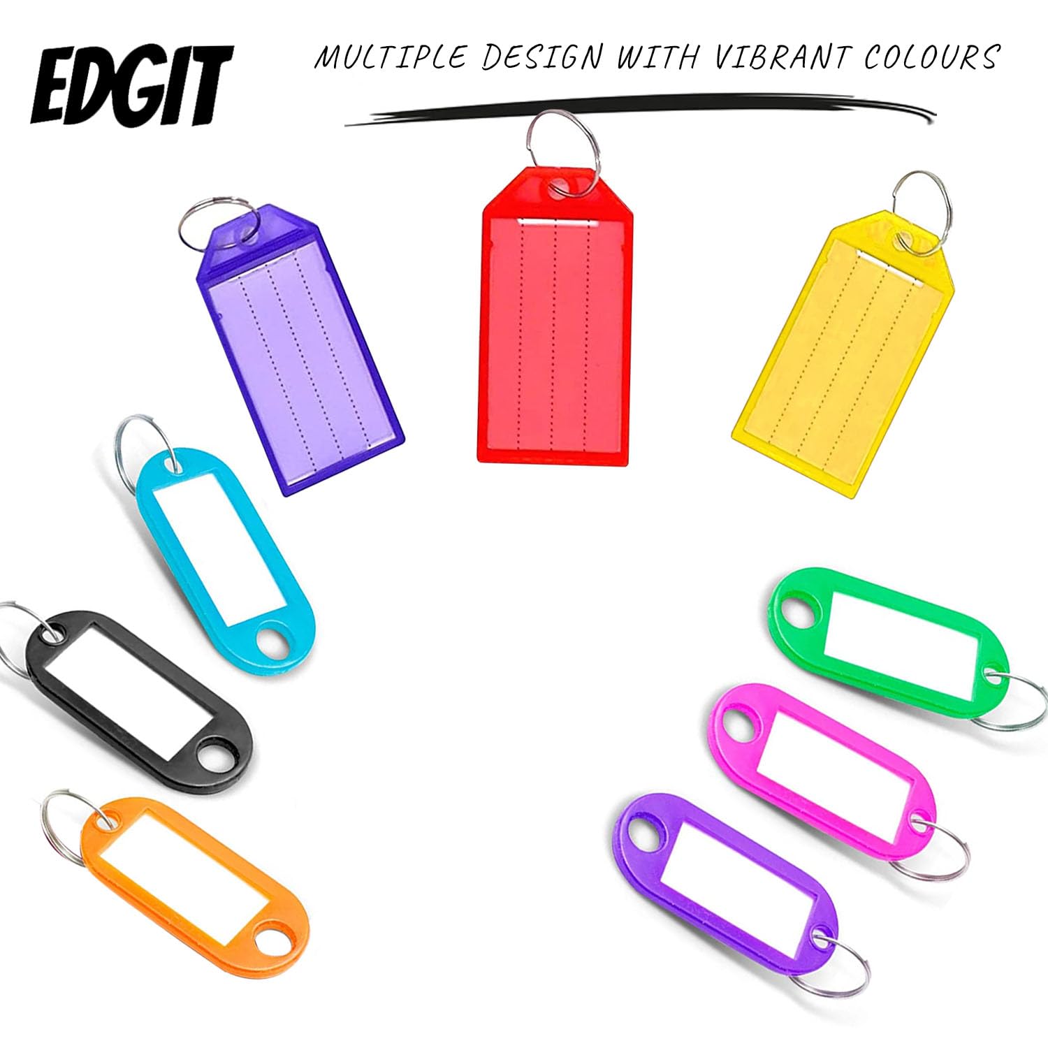 EDGIT 40 Pack Multi Design Key Tags with Labels - Key Rings with Labels in Convenient Storage Box, Key Fobs with Labels, Pets, Memory Stick, Keyrings with Labels