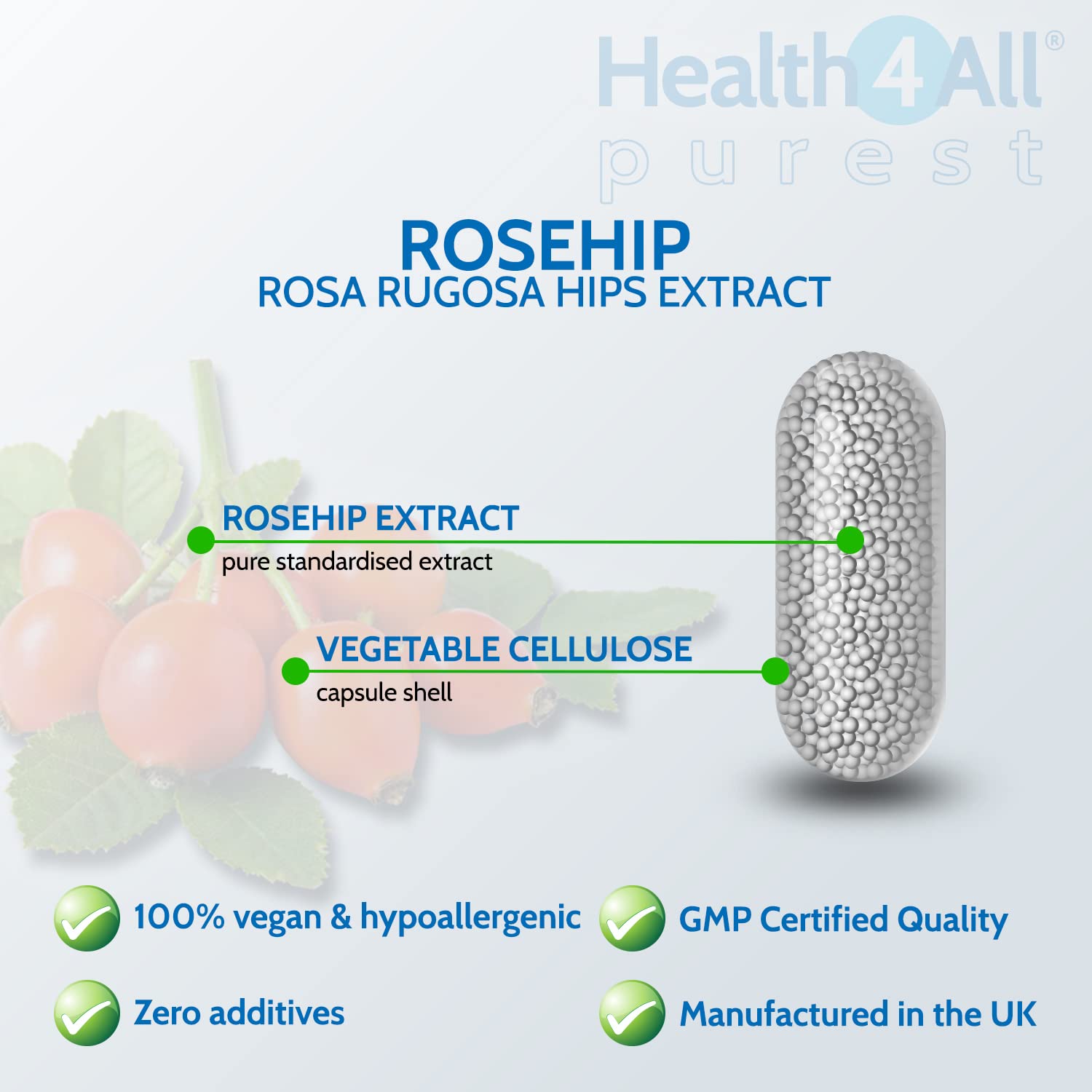 Health4All Rosehip 10000mg 120 Capsules (V) (not Tablets) Purest - no additives. Vegan Quality Joint Support Supplement