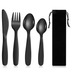 Partideal Camping Cutlery Set, 4 Pcs Titanium Black Flatware Set with Bag, Stainless Steel Plating Camping with Spoon Knife Fork for Outdoor Picnic Camping Office