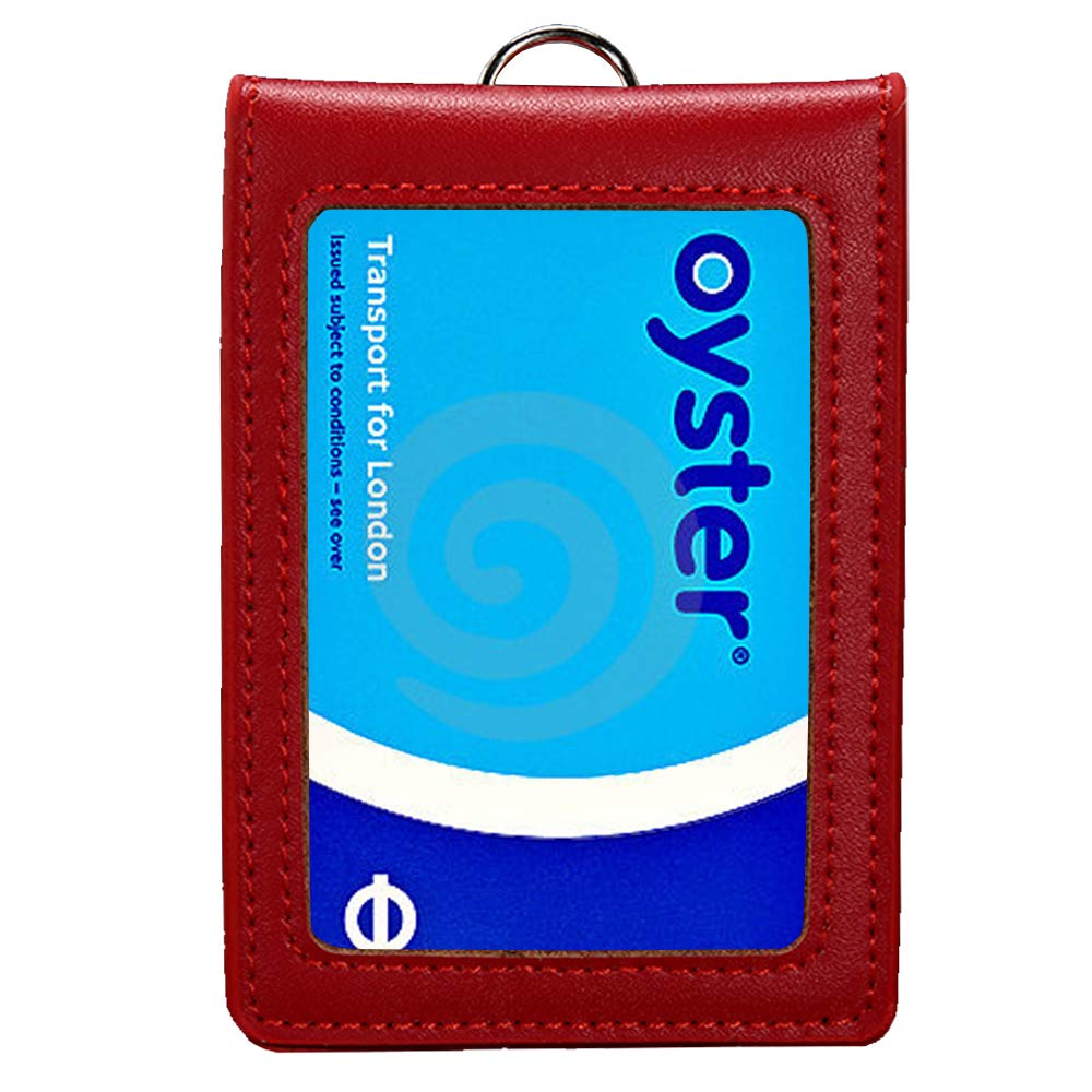 Hibate Genuine Leather Oyster Card Holder Bus Travel Pass Holders - Red